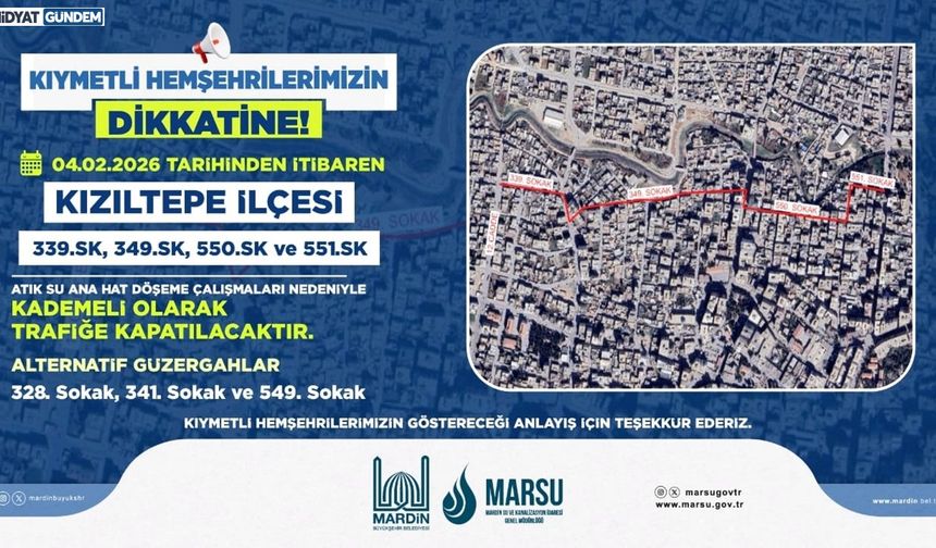 Kızıltepe’de Altyapı Çalışmaları Nedeniyle 4 Sokak Kademeli Olarak Trafiğe Kapatılacak