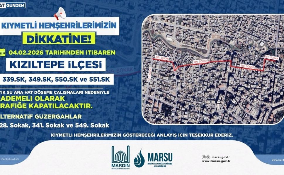 Kızıltepe’de Altyapı Çalışmaları Nedeniyle 4 Sokak Kademeli Olarak Trafiğe Kapatılacak