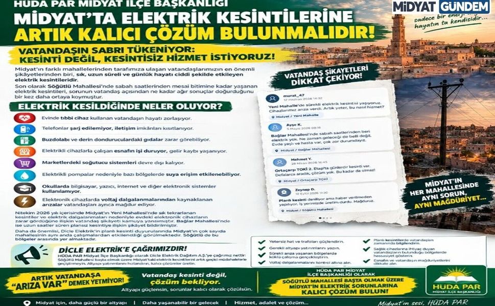 HÜDA PAR Midyat’tan Elektrik Kesintilerine Tepki: “Kalıcı Çözüm Şart”
