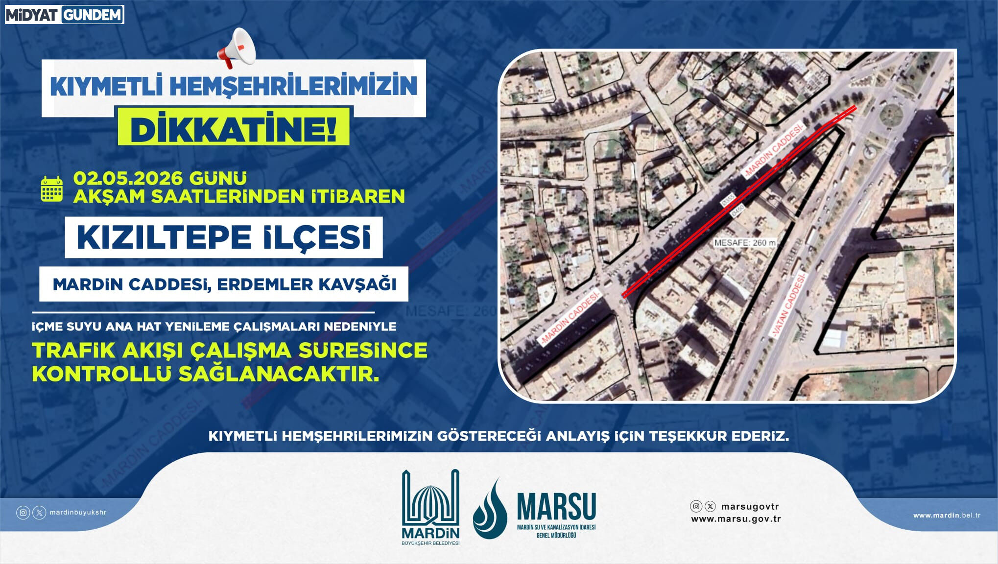 Erdemler Kavşağı’nda İçme Suyu Çalışması Nedeniyle Trafik Kontrollü Sağlanacak